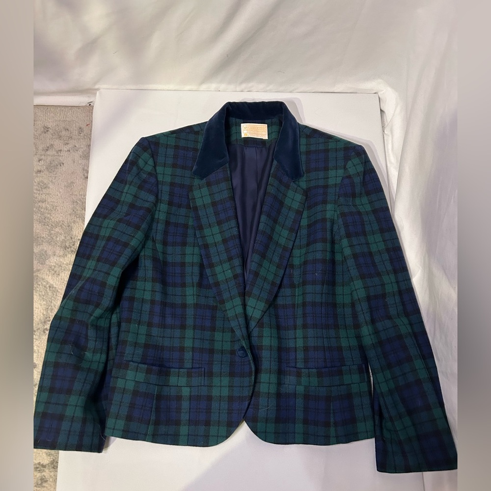 Vintage Pendleton 100% Virgin Wool Green Plaid Blazer Velvet collar 14 Tartan - Picture 3 of 11